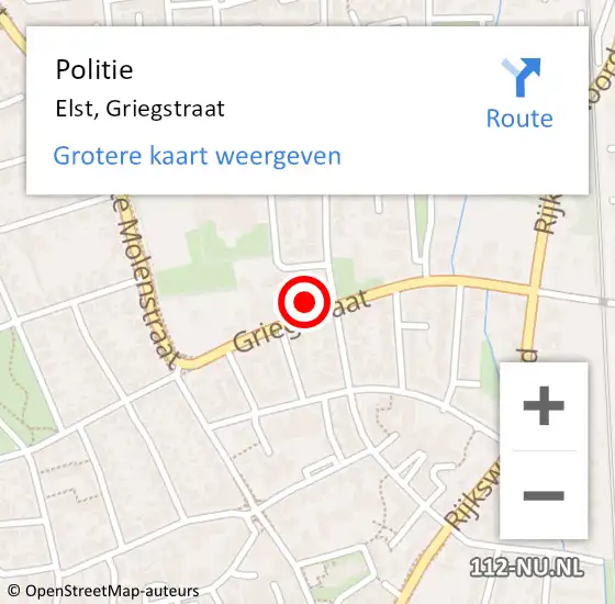 Locatie op kaart van de 112 melding: Politie Elst, Griegstraat op 13 september 2024 11:37