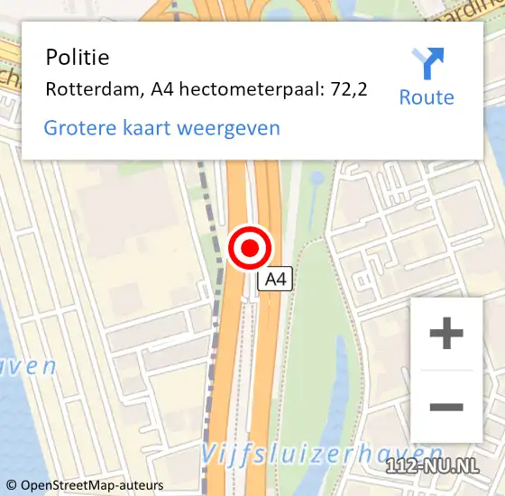 Locatie op kaart van de 112 melding: Politie Rotterdam, A4 hectometerpaal: 72,2 op 13 september 2024 13:46