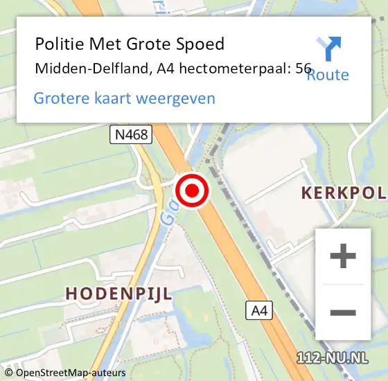 Locatie op kaart van de 112 melding: Politie Met Grote Spoed Naar Midden-Delfland, A4 hectometerpaal: 56 op 13 september 2024 14:02