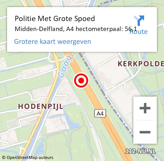 Locatie op kaart van de 112 melding: Politie Met Grote Spoed Naar Midden-Delfland, A4 hectometerpaal: 56,1 op 13 september 2024 14:03