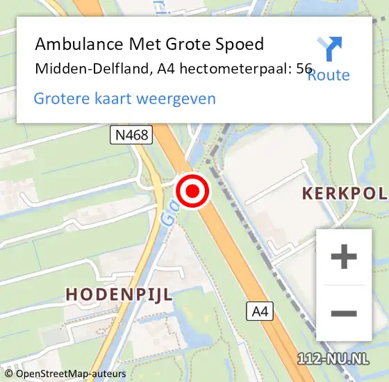 Locatie op kaart van de 112 melding: Ambulance Met Grote Spoed Naar Midden-Delfland, A4 hectometerpaal: 56 op 13 september 2024 14:03