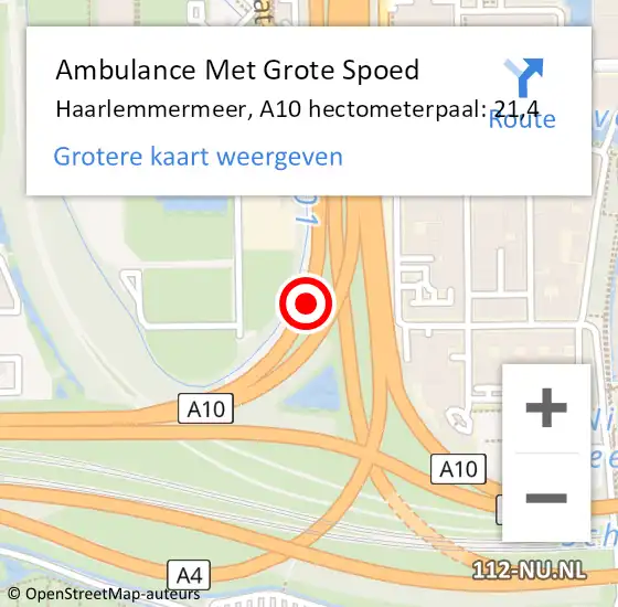 Locatie op kaart van de 112 melding: Ambulance Met Grote Spoed Naar Haarlemmermeer, A10 hectometerpaal: 21,4 op 13 september 2024 14:16