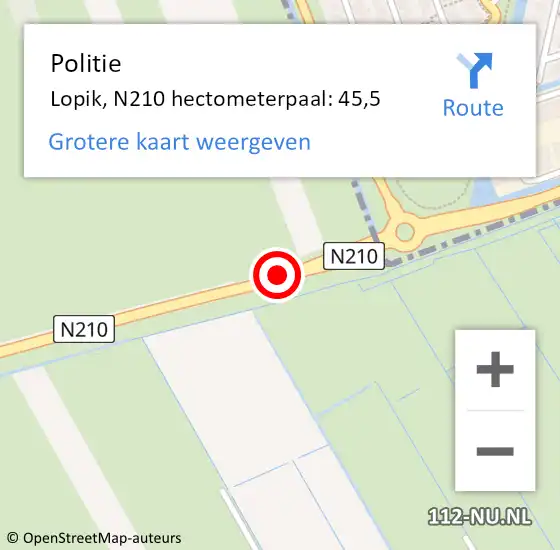 Locatie op kaart van de 112 melding: Politie Lopik, N210 hectometerpaal: 45,5 op 13 september 2024 14:25