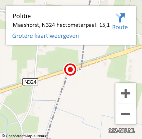 Locatie op kaart van de 112 melding: Politie Maashorst, N324 hectometerpaal: 15,1 op 13 september 2024 14:51