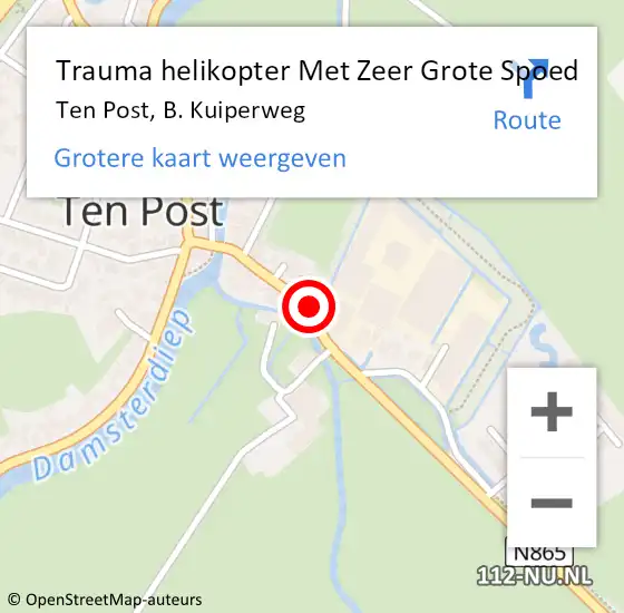 Locatie op kaart van de 112 melding: Trauma helikopter Met Zeer Grote Spoed Naar Ten Post, B. Kuiperweg op 13 september 2024 15:08