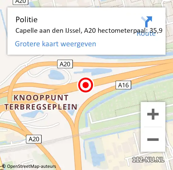 Locatie op kaart van de 112 melding: Politie Capelle aan den IJssel, A20 hectometerpaal: 35,9 op 13 september 2024 15:09