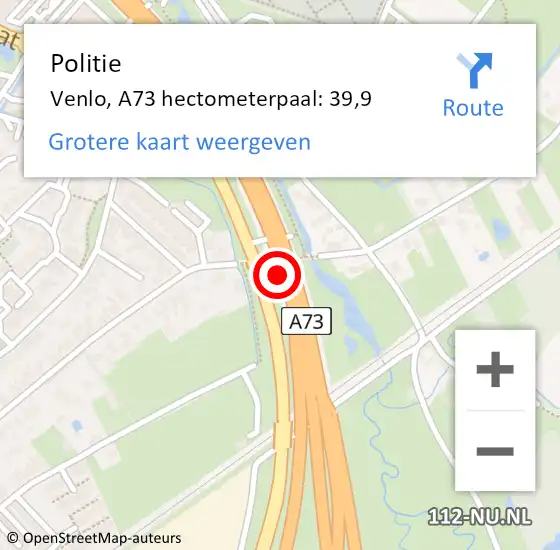 Locatie op kaart van de 112 melding: Politie Venlo, A73 hectometerpaal: 39,9 op 13 september 2024 15:26