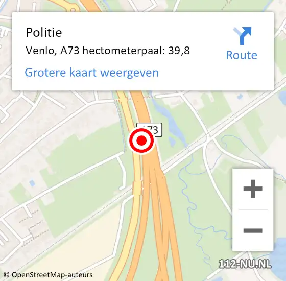 Locatie op kaart van de 112 melding: Politie Venlo, A73 hectometerpaal: 39,8 op 13 september 2024 15:27