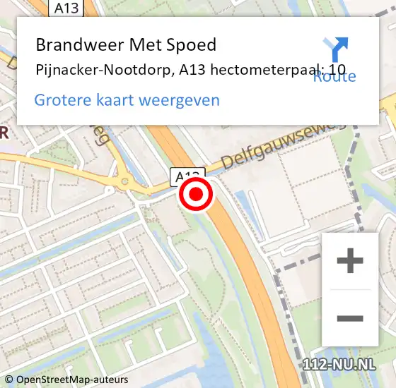 Locatie op kaart van de 112 melding: Brandweer Met Spoed Naar Pijnacker-Nootdorp, A13 hectometerpaal: 10 op 13 september 2024 15:38