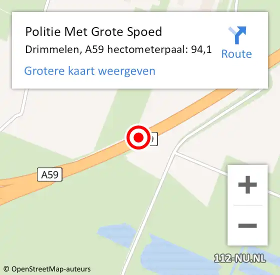 Locatie op kaart van de 112 melding: Politie Met Grote Spoed Naar Drimmelen, A59 hectometerpaal: 94,1 op 13 september 2024 15:41