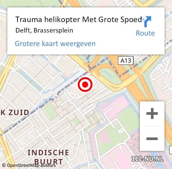 Locatie op kaart van de 112 melding: Trauma helikopter Met Grote Spoed Naar Delft, Brassersplein op 13 september 2024 15:42