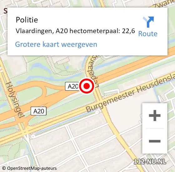 Locatie op kaart van de 112 melding: Politie Vlaardingen, A20 hectometerpaal: 22,6 op 13 september 2024 15:47