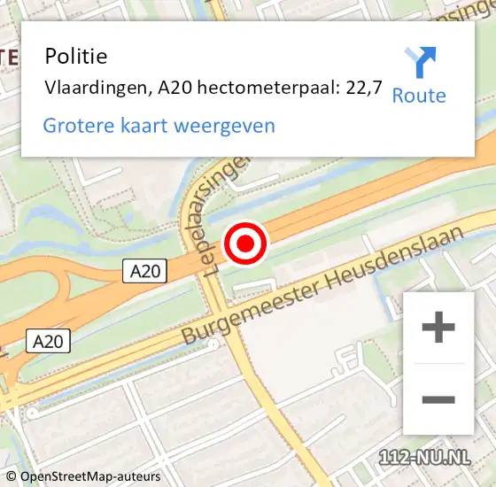 Locatie op kaart van de 112 melding: Politie Vlaardingen, A20 hectometerpaal: 22,7 op 13 september 2024 15:50