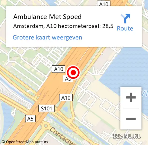 Locatie op kaart van de 112 melding: Ambulance Met Spoed Naar Amsterdam, A10 hectometerpaal: 28,5 op 13 september 2024 15:56