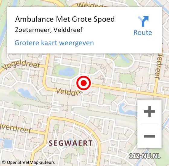 Locatie op kaart van de 112 melding: Ambulance Met Grote Spoed Naar Zoetermeer, Velddreef op 13 september 2024 16:03