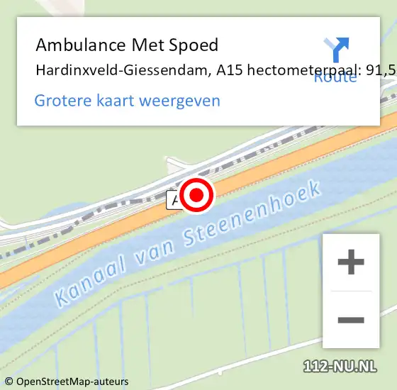 Locatie op kaart van de 112 melding: Ambulance Met Spoed Naar Hardinxveld-Giessendam, A15 hectometerpaal: 91,5 op 13 september 2024 16:06