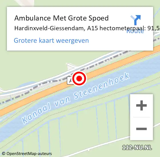 Locatie op kaart van de 112 melding: Ambulance Met Grote Spoed Naar Hardinxveld-Giessendam, A15 hectometerpaal: 91,5 op 13 september 2024 16:06