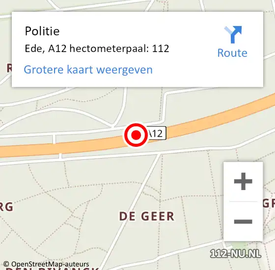 Locatie op kaart van de 112 melding: Politie Ede, A12 hectometerpaal: 112 op 13 september 2024 16:09