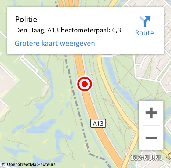 Locatie op kaart van de 112 melding: Politie Rijswijk, A13 hectometerpaal: 6,3 op 13 september 2024 16:13