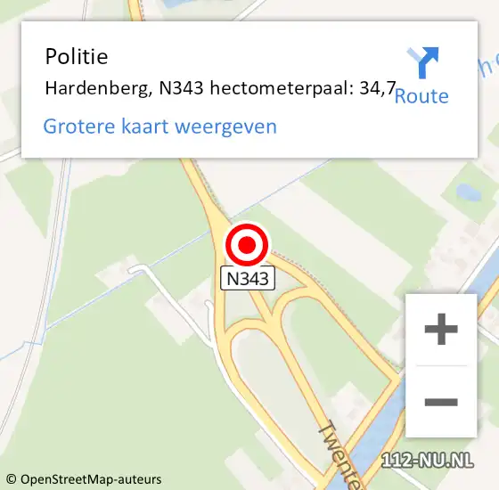 Locatie op kaart van de 112 melding: Politie Hardenberg, N343 hectometerpaal: 34,7 op 13 september 2024 16:14