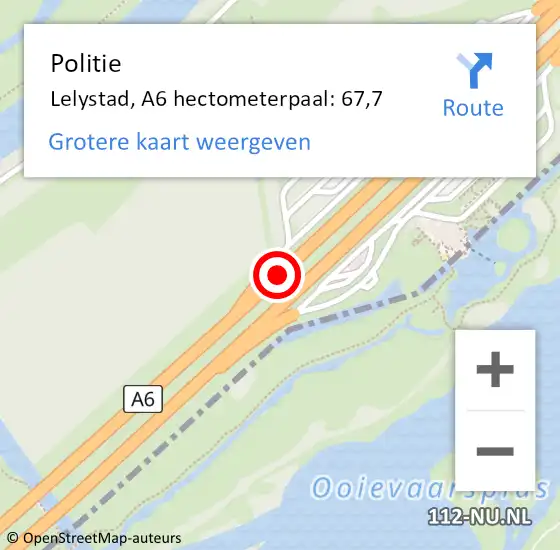 Locatie op kaart van de 112 melding: Politie Lelystad, A6 hectometerpaal: 67,7 op 13 september 2024 16:28