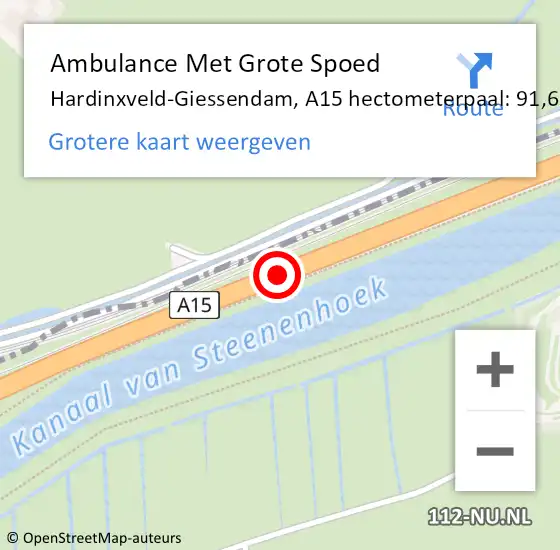 Locatie op kaart van de 112 melding: Ambulance Met Grote Spoed Naar Hardinxveld-Giessendam, A15 hectometerpaal: 91,6 op 13 september 2024 16:31