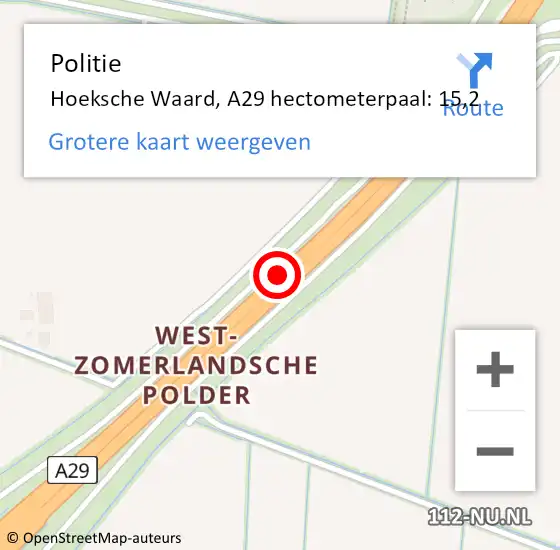 Locatie op kaart van de 112 melding: Politie Hoeksche Waard, A29 hectometerpaal: 15,2 op 13 september 2024 16:37