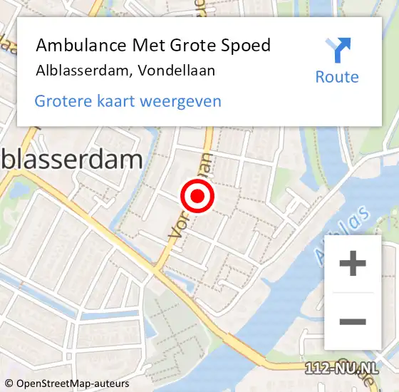 Locatie op kaart van de 112 melding: Ambulance Met Grote Spoed Naar Alblasserdam, Vondellaan op 13 september 2024 16:48