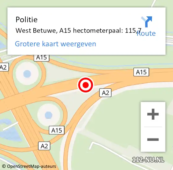 Locatie op kaart van de 112 melding: Politie West Betuwe, A15 hectometerpaal: 115,7 op 13 september 2024 17:32