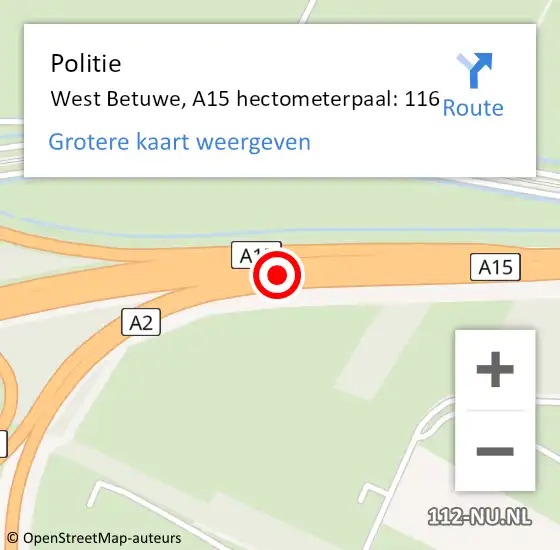 Locatie op kaart van de 112 melding: Politie West Betuwe, A15 hectometerpaal: 116 op 13 september 2024 17:33