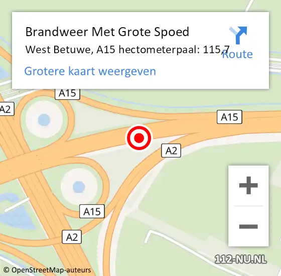 Locatie op kaart van de 112 melding: Brandweer Met Grote Spoed Naar West Betuwe, A15 hectometerpaal: 115,7 op 13 september 2024 17:33