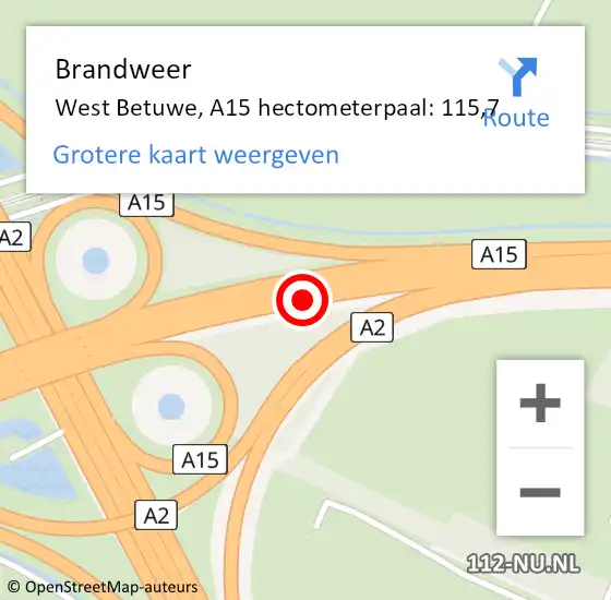 Locatie op kaart van de 112 melding: Brandweer West Betuwe, A15 hectometerpaal: 115,7 op 13 september 2024 17:35