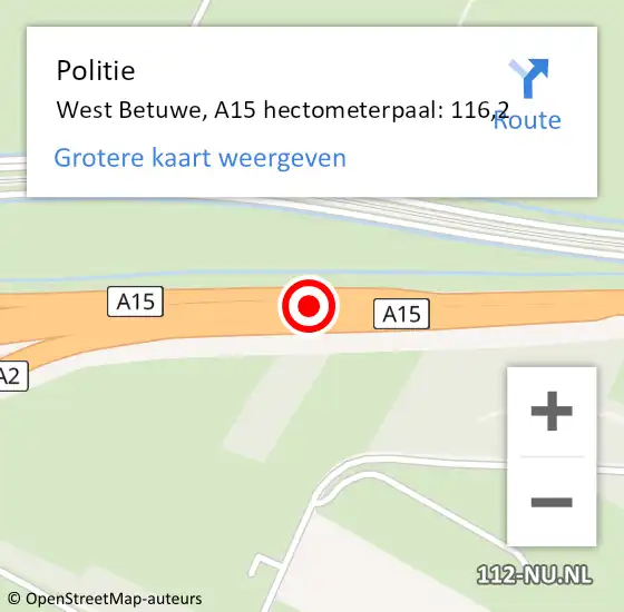 Locatie op kaart van de 112 melding: Politie West Betuwe, A15 hectometerpaal: 116,2 op 13 september 2024 17:36