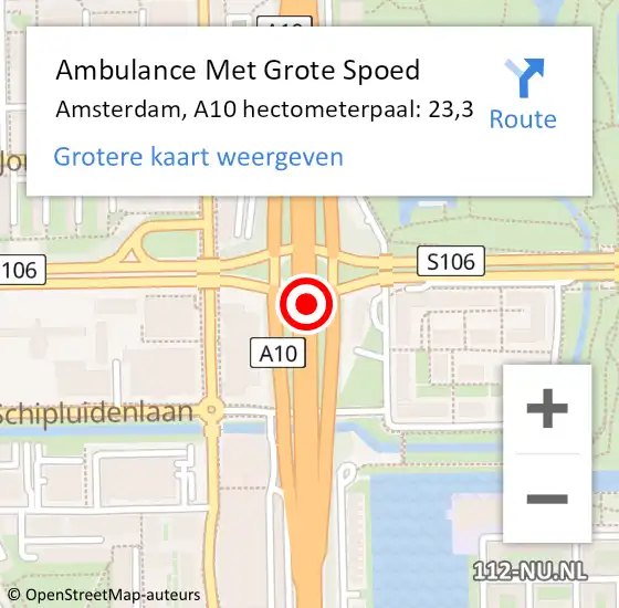 Locatie op kaart van de 112 melding: Ambulance Met Grote Spoed Naar Amsterdam, A10 hectometerpaal: 23,3 op 13 september 2024 18:02