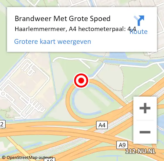 Locatie op kaart van de 112 melding: Brandweer Met Grote Spoed Naar Haarlemmermeer, A4 hectometerpaal: 4,4 op 13 september 2024 18:02