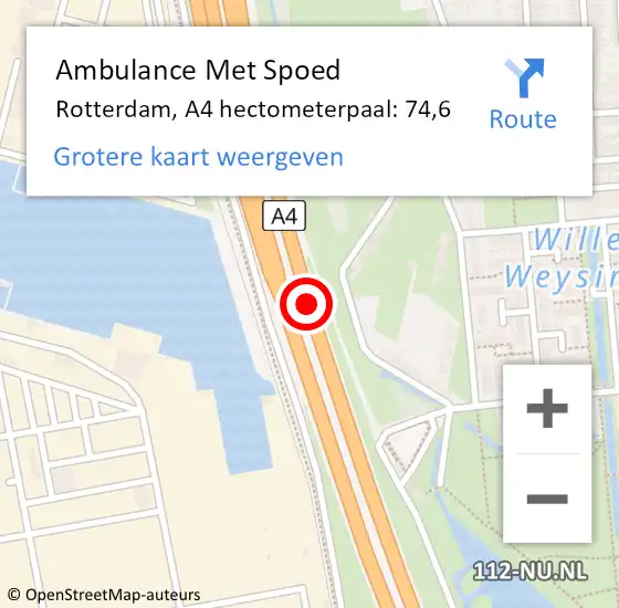 Locatie op kaart van de 112 melding: Ambulance Met Spoed Naar Rotterdam, A4 hectometerpaal: 74,6 op 13 september 2024 18:29