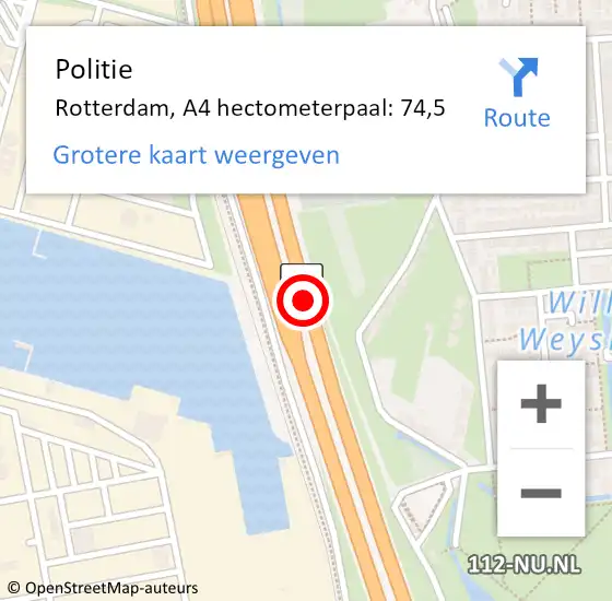 Locatie op kaart van de 112 melding: Politie Rotterdam, A4 hectometerpaal: 74,5 op 13 september 2024 18:30