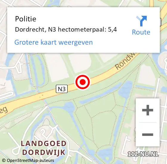 Locatie op kaart van de 112 melding: Politie Dordrecht, N3 hectometerpaal: 5,4 op 13 september 2024 18:55