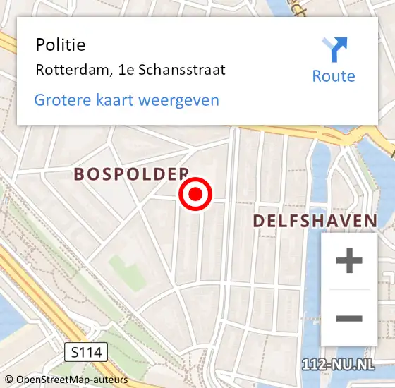 Locatie op kaart van de 112 melding: Politie Rotterdam, 1e Schansstraat op 13 september 2024 19:56