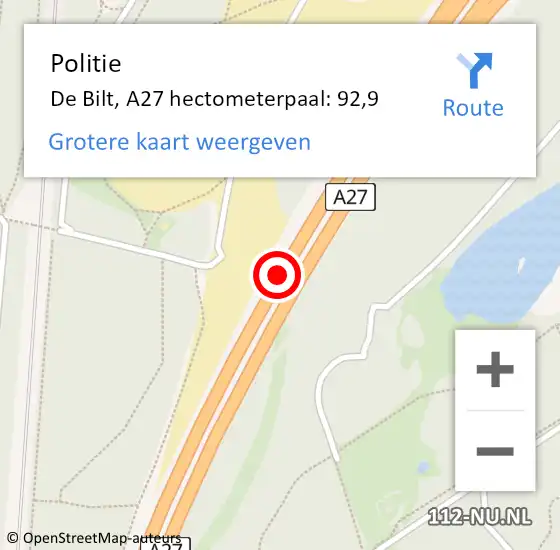 Locatie op kaart van de 112 melding: Politie De Bilt, A27 hectometerpaal: 92,9 op 14 september 2024 03:29