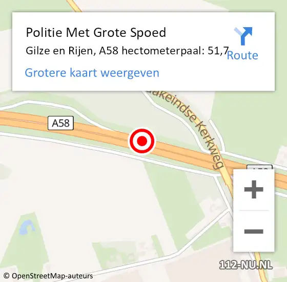 Locatie op kaart van de 112 melding: Politie Met Grote Spoed Naar Gilze en Rijen, A58 hectometerpaal: 51,7 op 14 september 2024 05:33