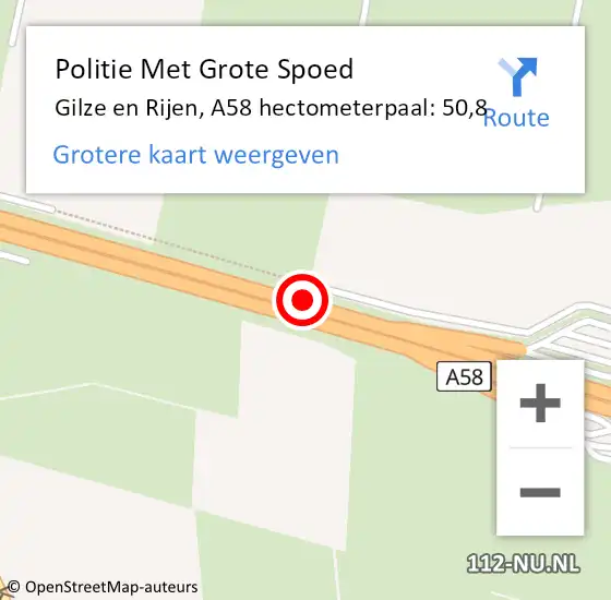 Locatie op kaart van de 112 melding: Politie Met Grote Spoed Naar Gilze en Rijen, A58 hectometerpaal: 50,8 op 14 september 2024 05:34