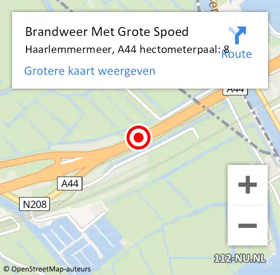 Locatie op kaart van de 112 melding: Brandweer Met Grote Spoed Naar Haarlemmermeer, A44 hectometerpaal: 8 op 14 september 2024 07:00