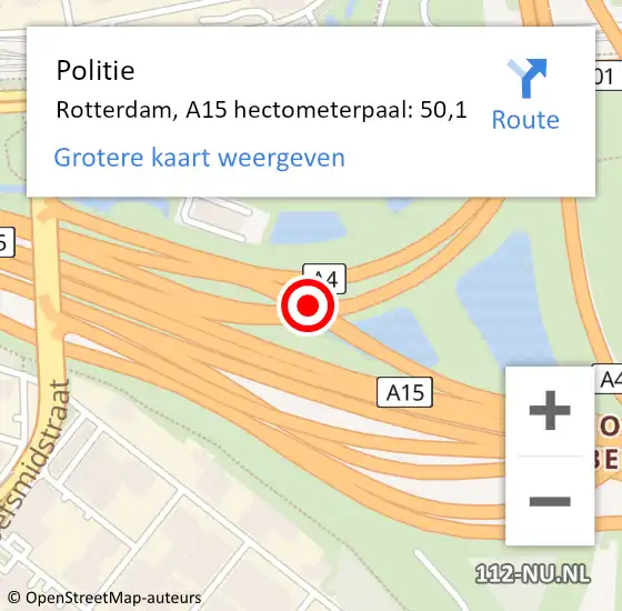 Locatie op kaart van de 112 melding: Politie Rotterdam, A15 hectometerpaal: 50,1 op 14 september 2024 07:43