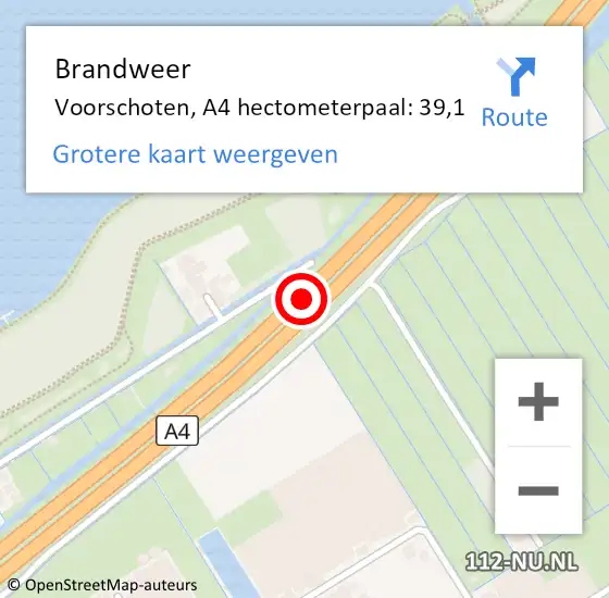 Locatie op kaart van de 112 melding: Brandweer Voorschoten, A4 hectometerpaal: 39,1 op 14 september 2024 09:57