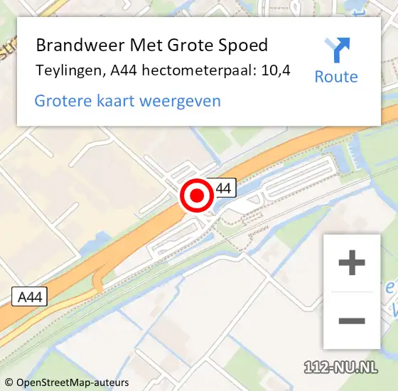 Locatie op kaart van de 112 melding: Brandweer Met Grote Spoed Naar Teylingen, A44 hectometerpaal: 10,4 op 14 september 2024 10:23