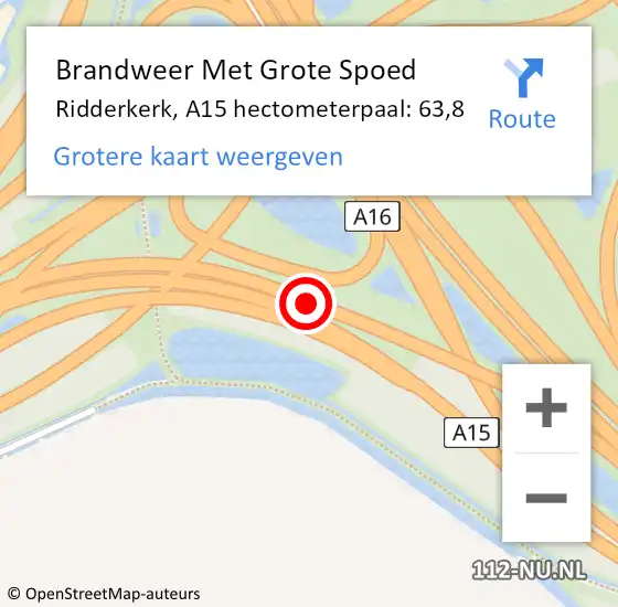 Locatie op kaart van de 112 melding: Brandweer Met Grote Spoed Naar Ridderkerk, A15 hectometerpaal: 63,8 op 14 september 2024 10:23