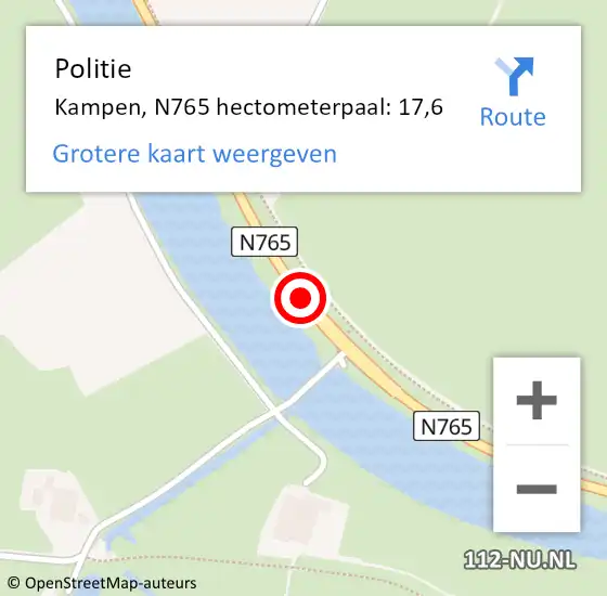 Locatie op kaart van de 112 melding: Politie Kampen, N765 hectometerpaal: 17,6 op 14 september 2024 11:17