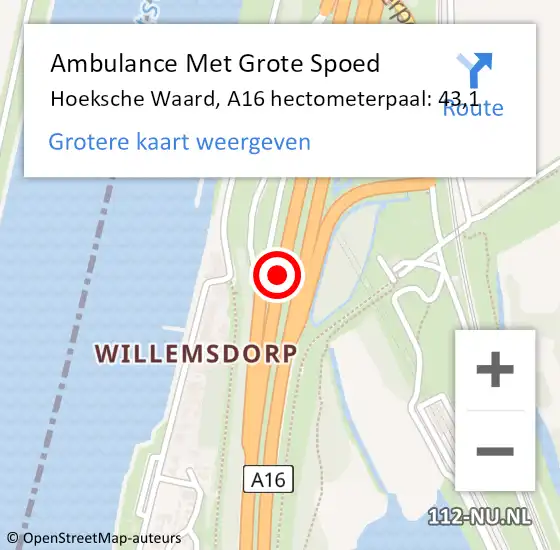 Locatie op kaart van de 112 melding: Ambulance Met Grote Spoed Naar Hoeksche Waard, A16 hectometerpaal: 43,1 op 14 september 2024 13:15