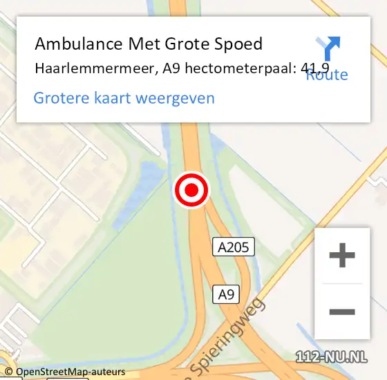 Locatie op kaart van de 112 melding: Ambulance Met Grote Spoed Naar Haarlemmermeer, A9 hectometerpaal: 41,9 op 14 september 2024 13:35